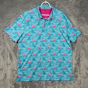 Birdie Bound Men's XL Blue Flamingo Print Golf Polo‎ Shirt Stretch Performance